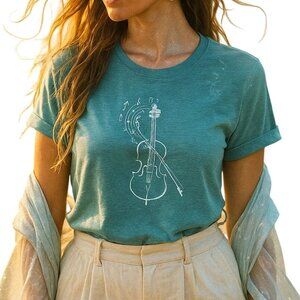 Violin Music Notes Graphic Tee Size XL Teal Short Sleeve Soft Stretch Calm Top